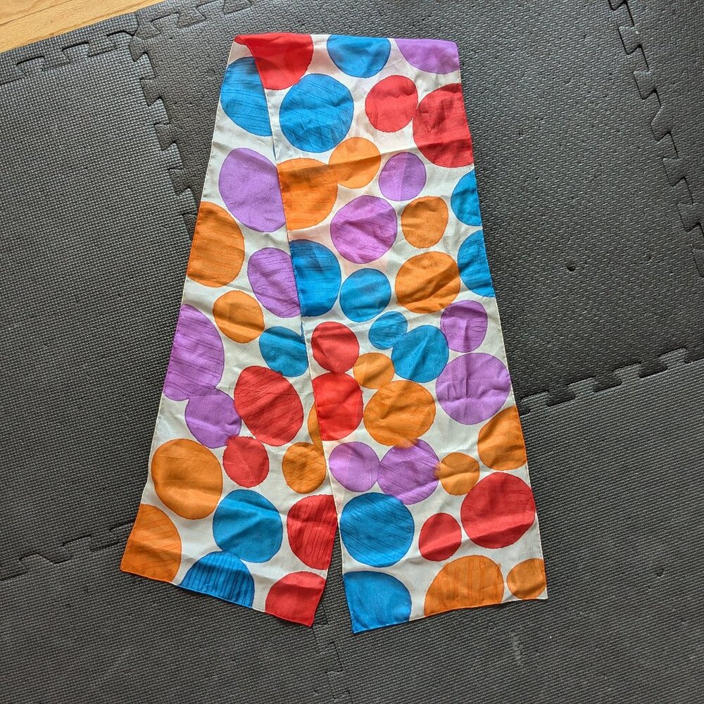 vintage silk scarf abstract dots orange watercolor handrolled hem 9.5" x 58.5"